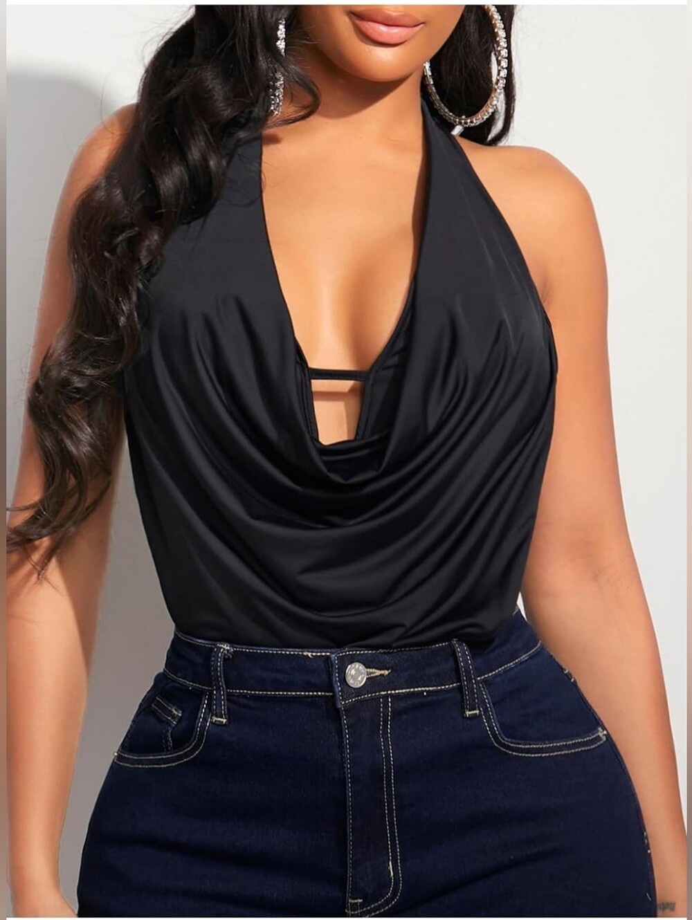 NWT OYOANGLE black draped halter bodysuit in size Small.